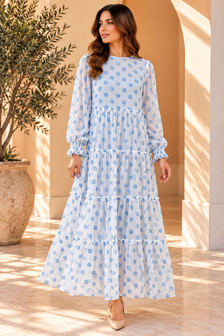 Azura | Flocked Floral Tiered Dress [CLEARANCE -60%] — Turquoise (front)