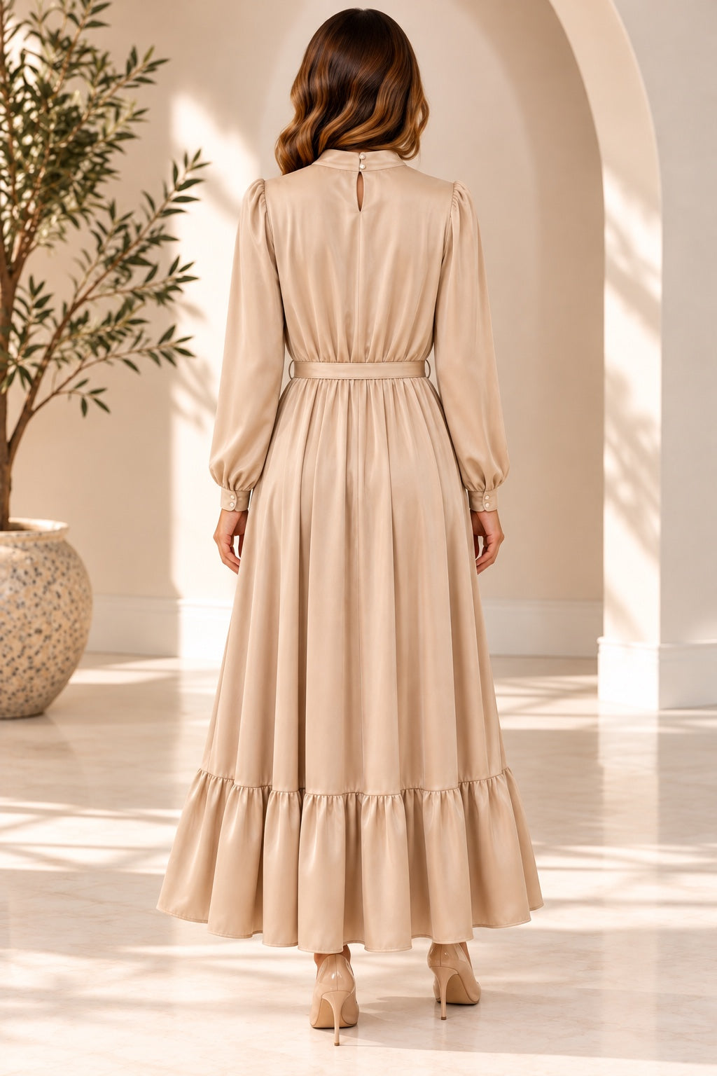 Liesl | Chiffon High-Neck Tiered Evening Dress — Beige (back)