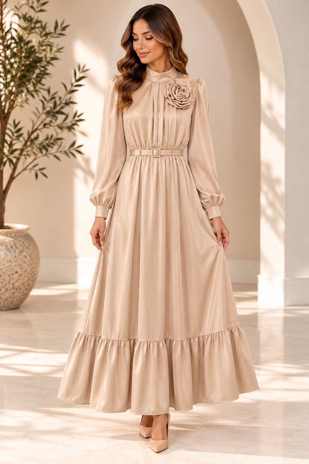Liesl | Chiffon High-Neck Tiered Evening Dress — Beige (front)