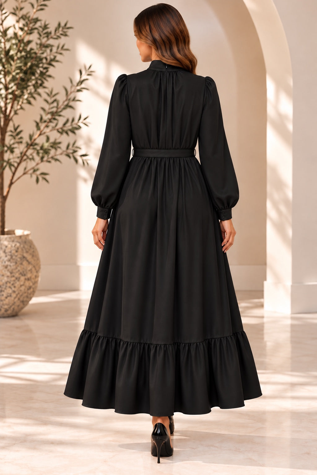 Liesl | Chiffon High-Neck Tiered Evening Dress — Black (back)