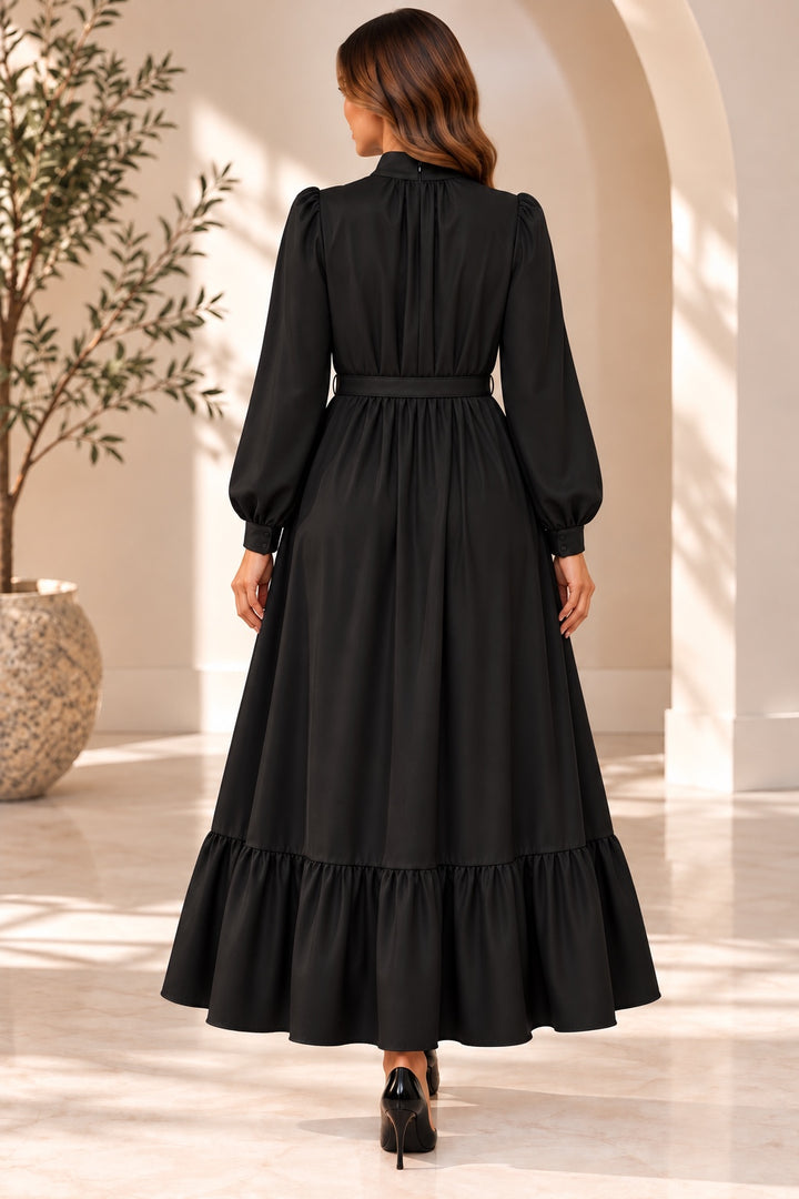 Liesl | Chiffon High-Neck Tiered Evening Dress — Black (back)
