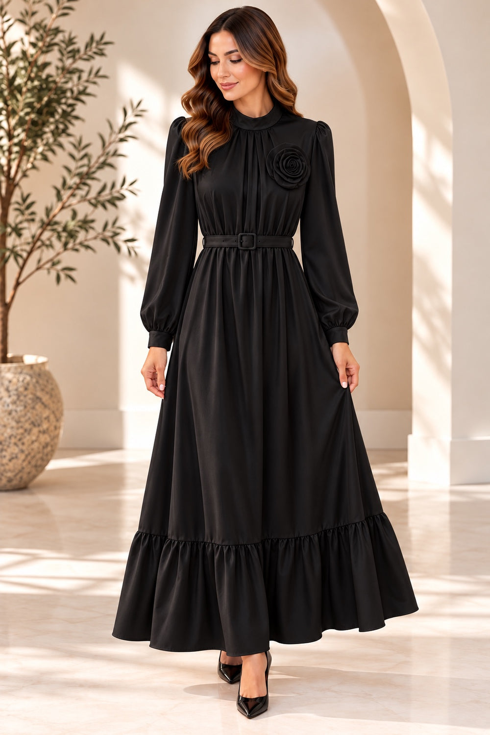 Liesl | Chiffon High-Neck Tiered Evening Dress — Black (front)