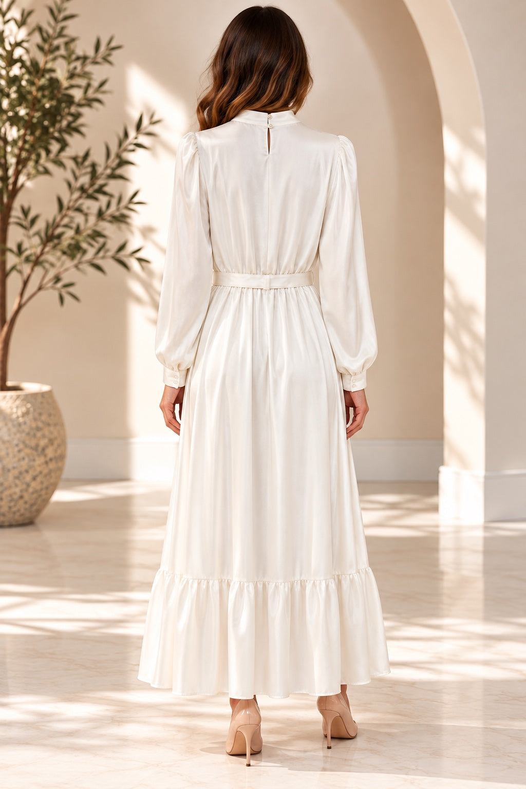 Liesl | Chiffon High-Neck Tiered Evening Dress — Ecru (back)