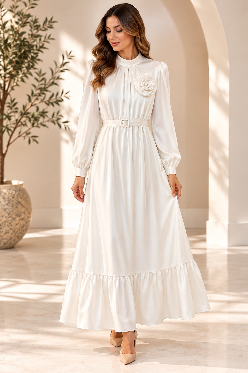 Liesl | Chiffon High-Neck Tiered Evening Dress — Ecru (front)