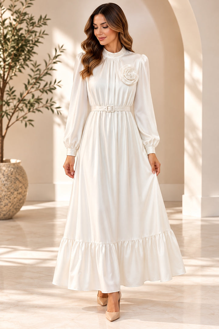 Liesl | Chiffon High-Neck Tiered Evening Dress — Ecru (front)