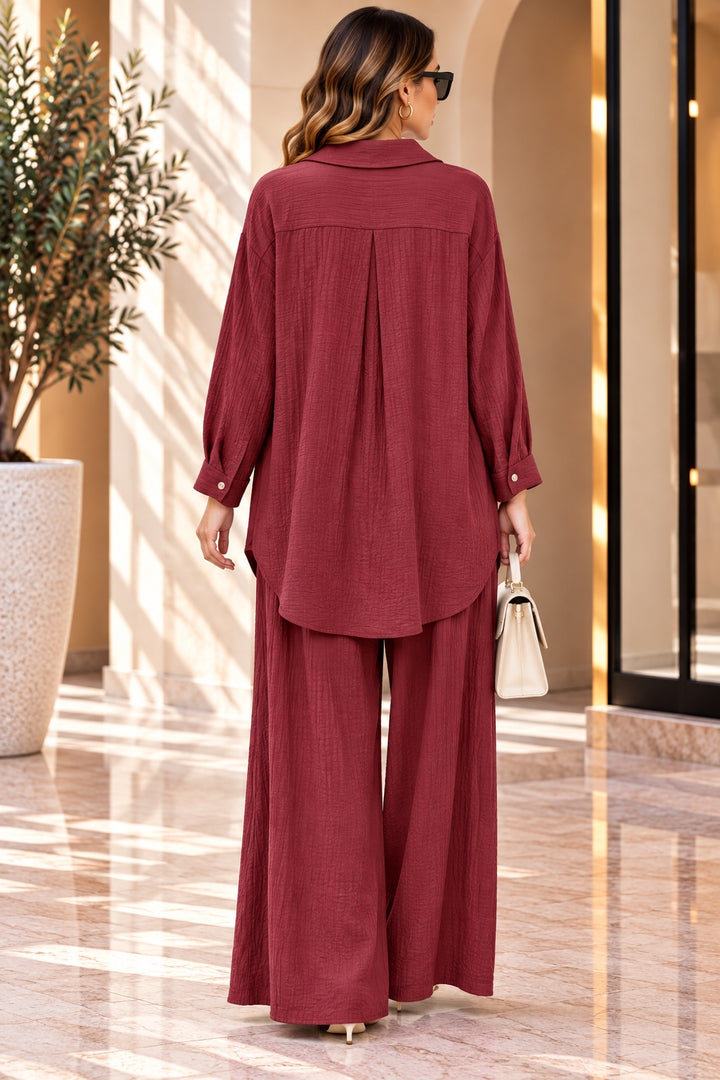 Beatrix | Crinkle Shirt Two-Piece Set — Burgundy (back)