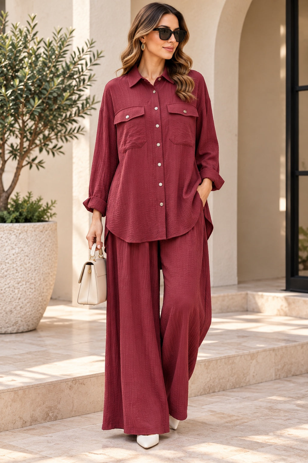 Beatrix | Crinkle Shirt Two-Piece Set — Burgundy (front)