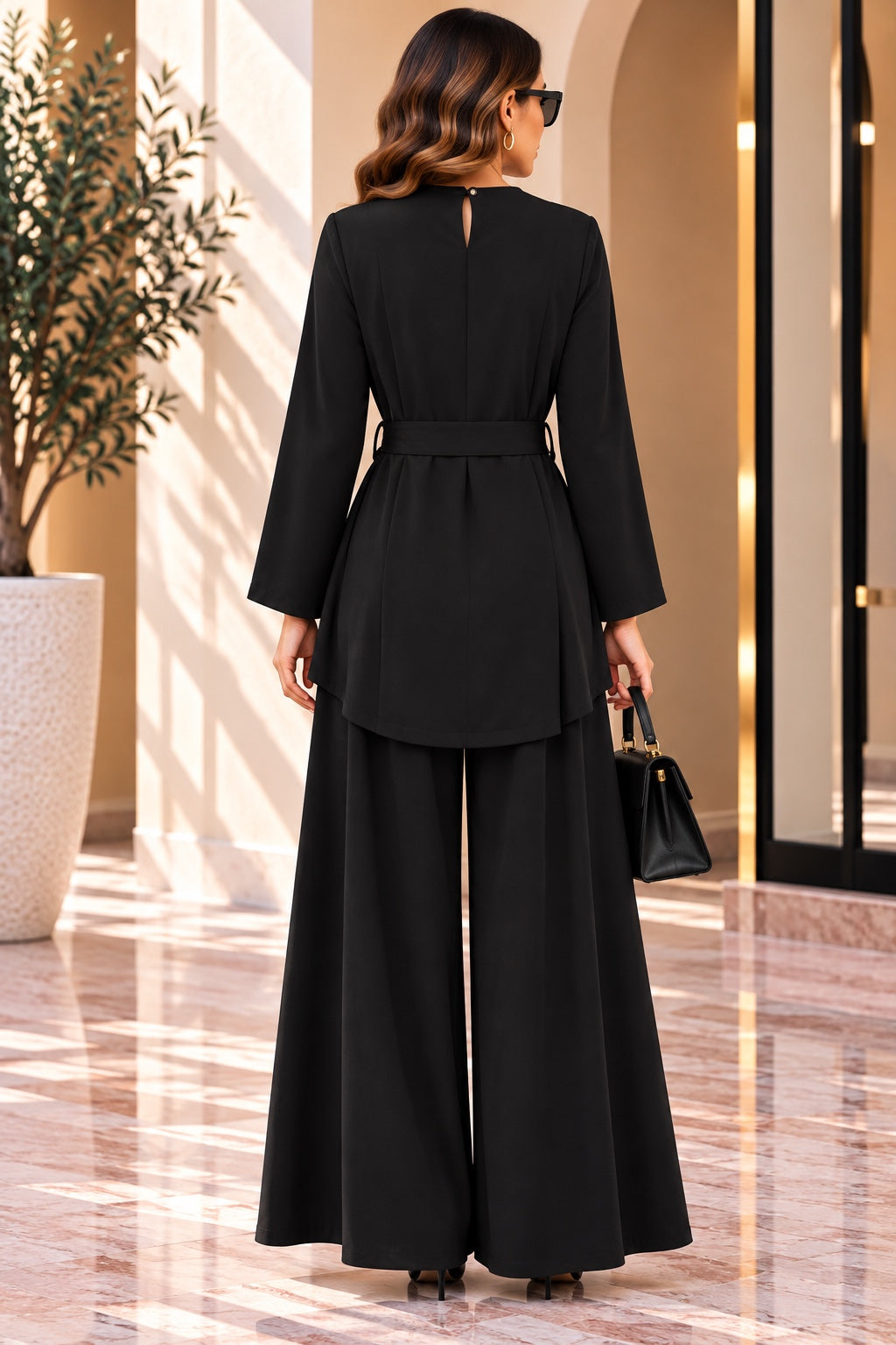 Estelle | Brooch Detail Tie-Waist Two-Piece Set — Black (back)