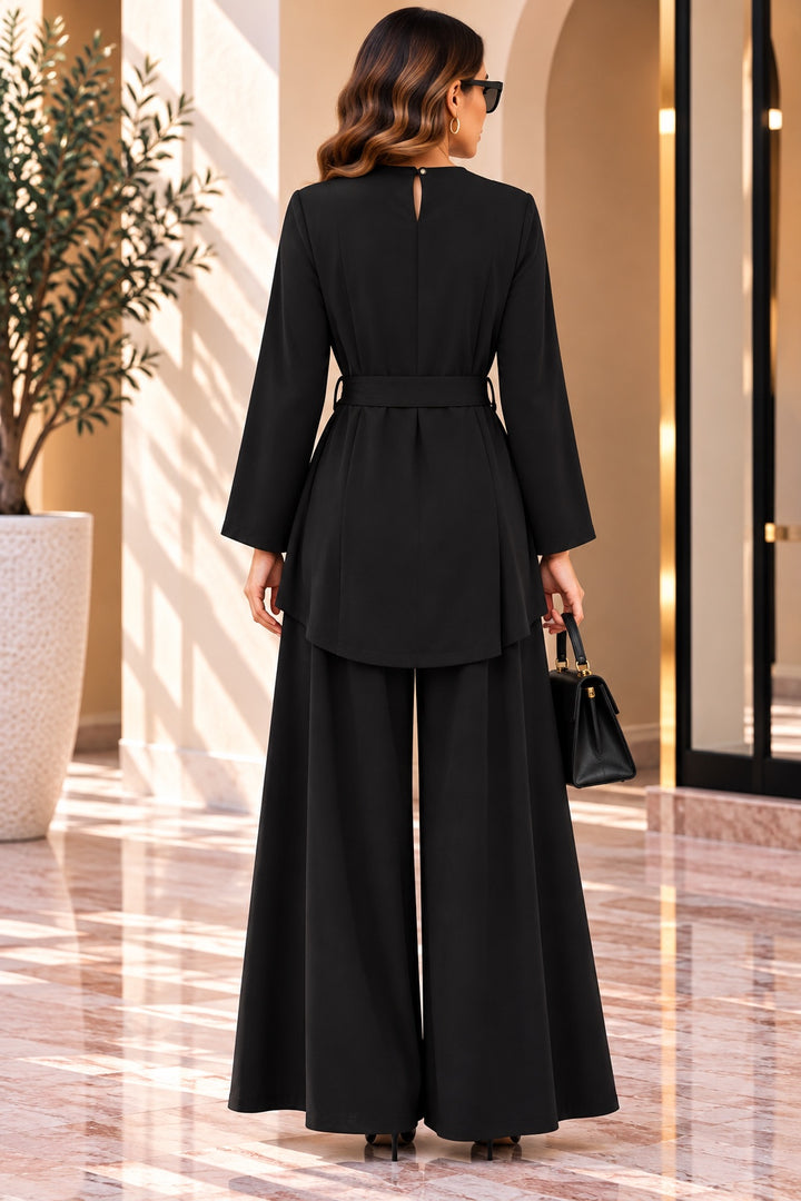 Estelle | Brooch Detail Tie-Waist Two-Piece Set — Black (back)