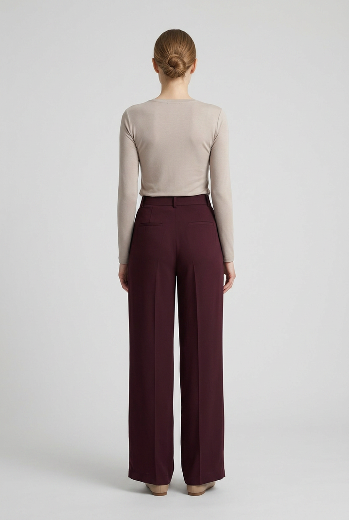 Maren | Pleated High Waist Wide Leg Pants [CLEARANCE -30%] — Burgundy (back)