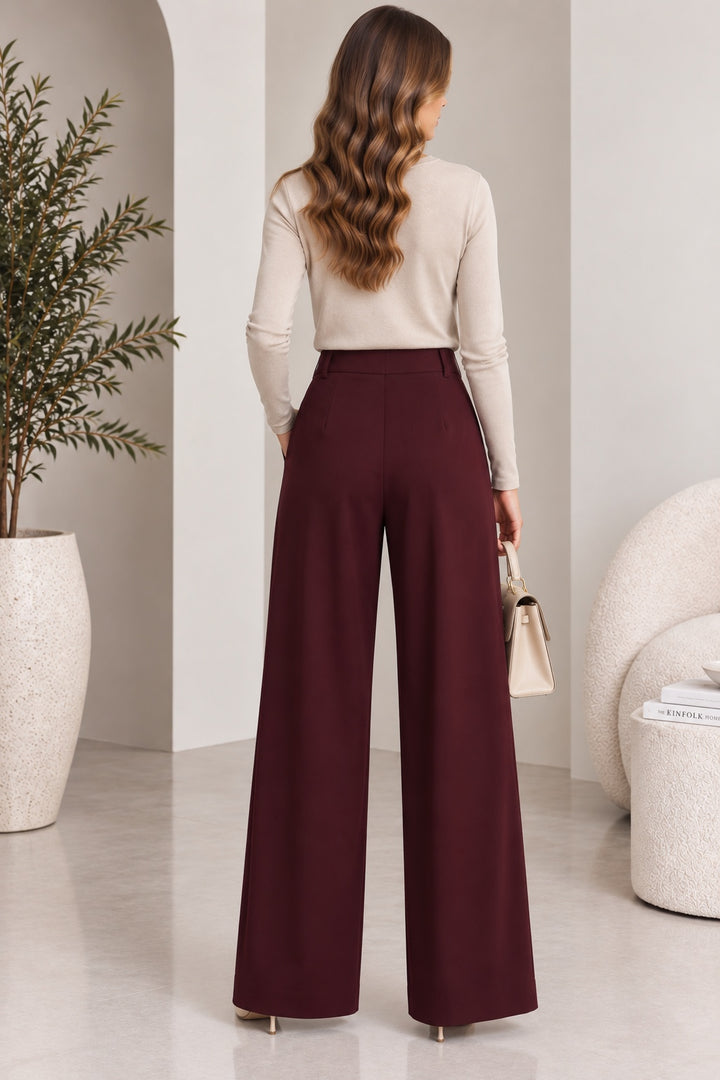 Maren | Pleated High Waist Wide Leg Pants [CLEARANCE -30%] — Burgundy (back)