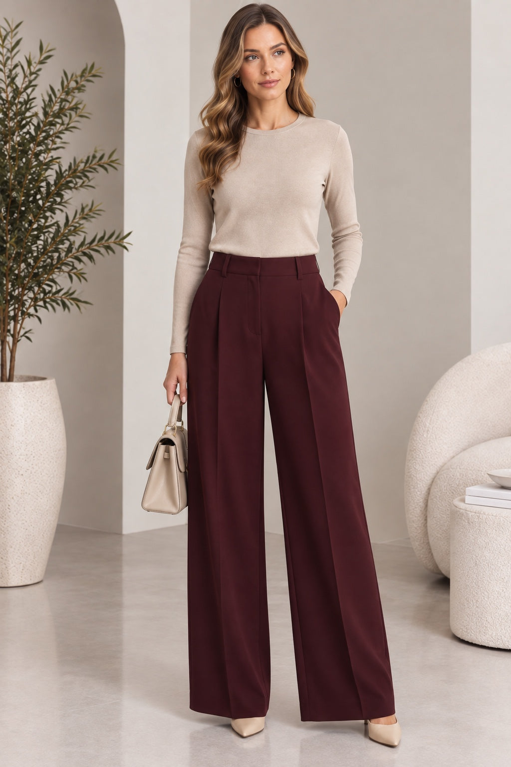 Maren | Pleated High Waist Wide Leg Pants [CLEARANCE -30%] — Burgundy (front)