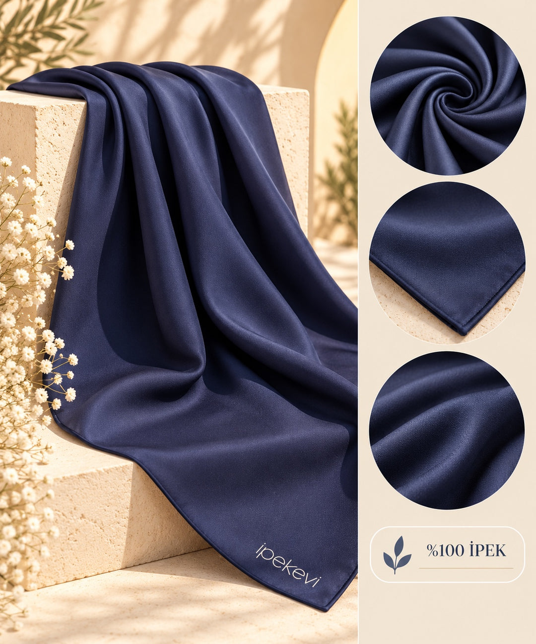 Vera | İpekevi Pure Silk Solid Scarf — Navy (back)