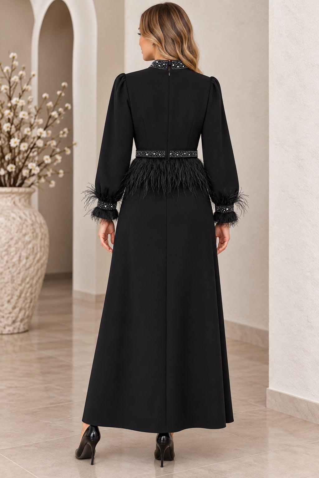 Ada | Crepe Pearl Feather Evening Dress — Black (back)