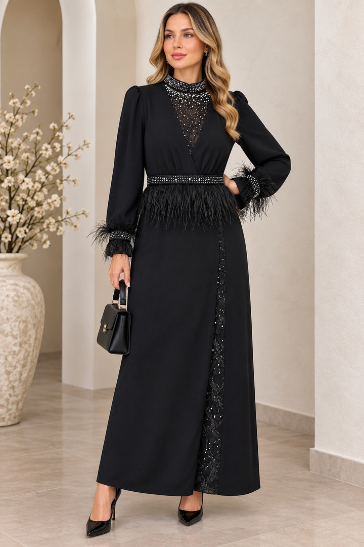 Ada | Crepe Pearl Feather Evening Dress — Black (front)