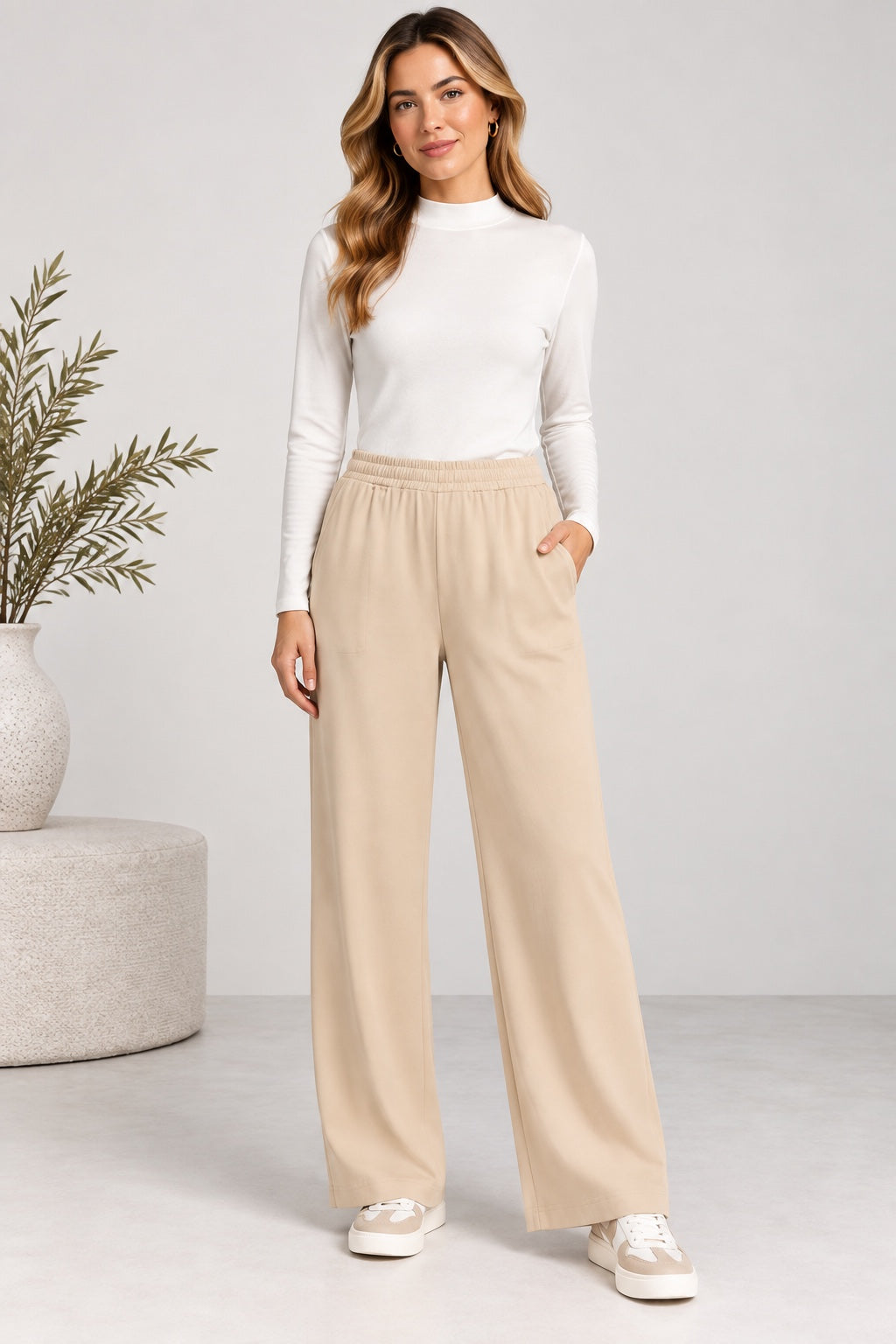 Sand | Pintuck Wide Leg Pants [CLEARANCE -30%] — Beige (front)