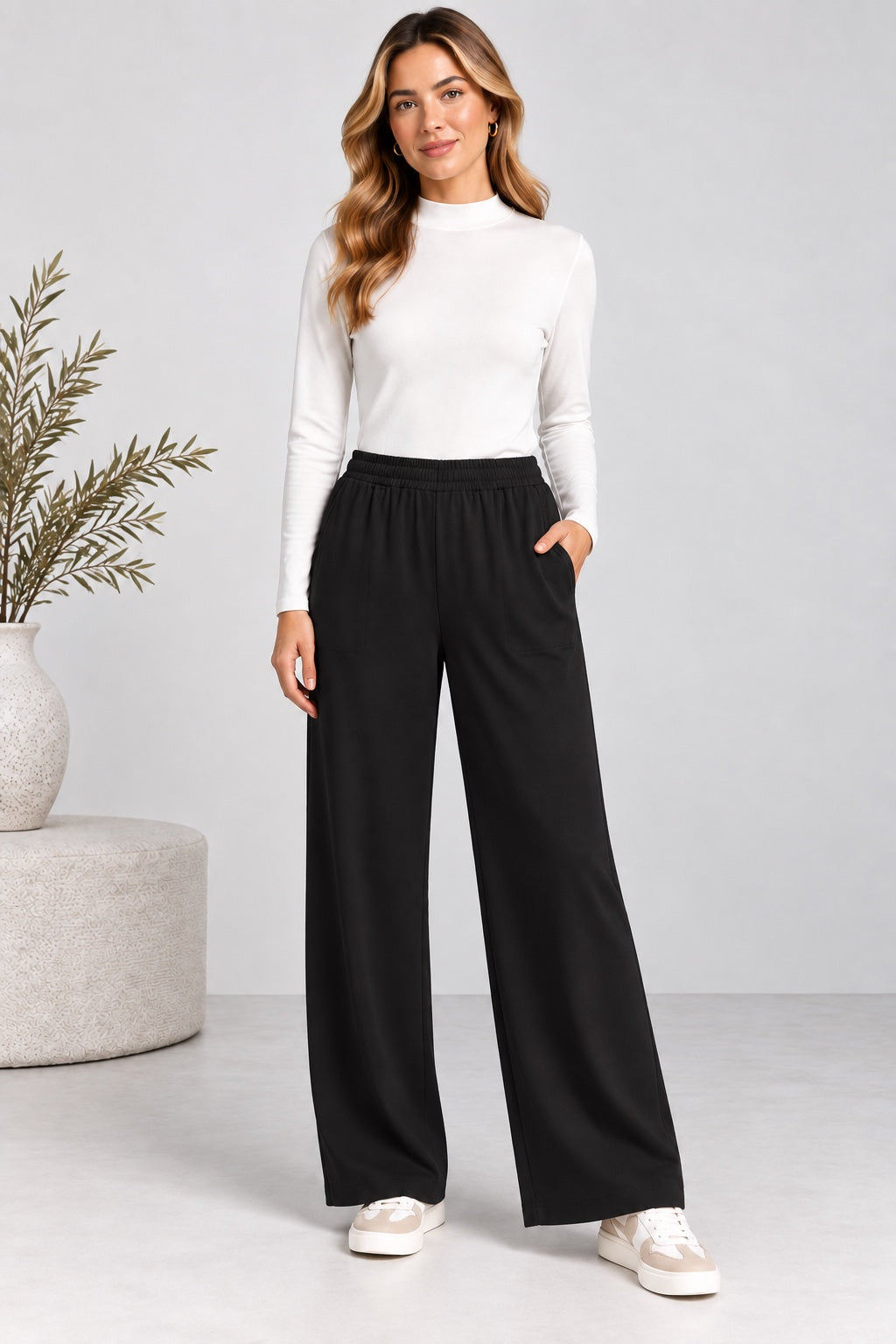 Sand | Pintuck Wide Leg Pants [CLEARANCE -30%] — Black (front)