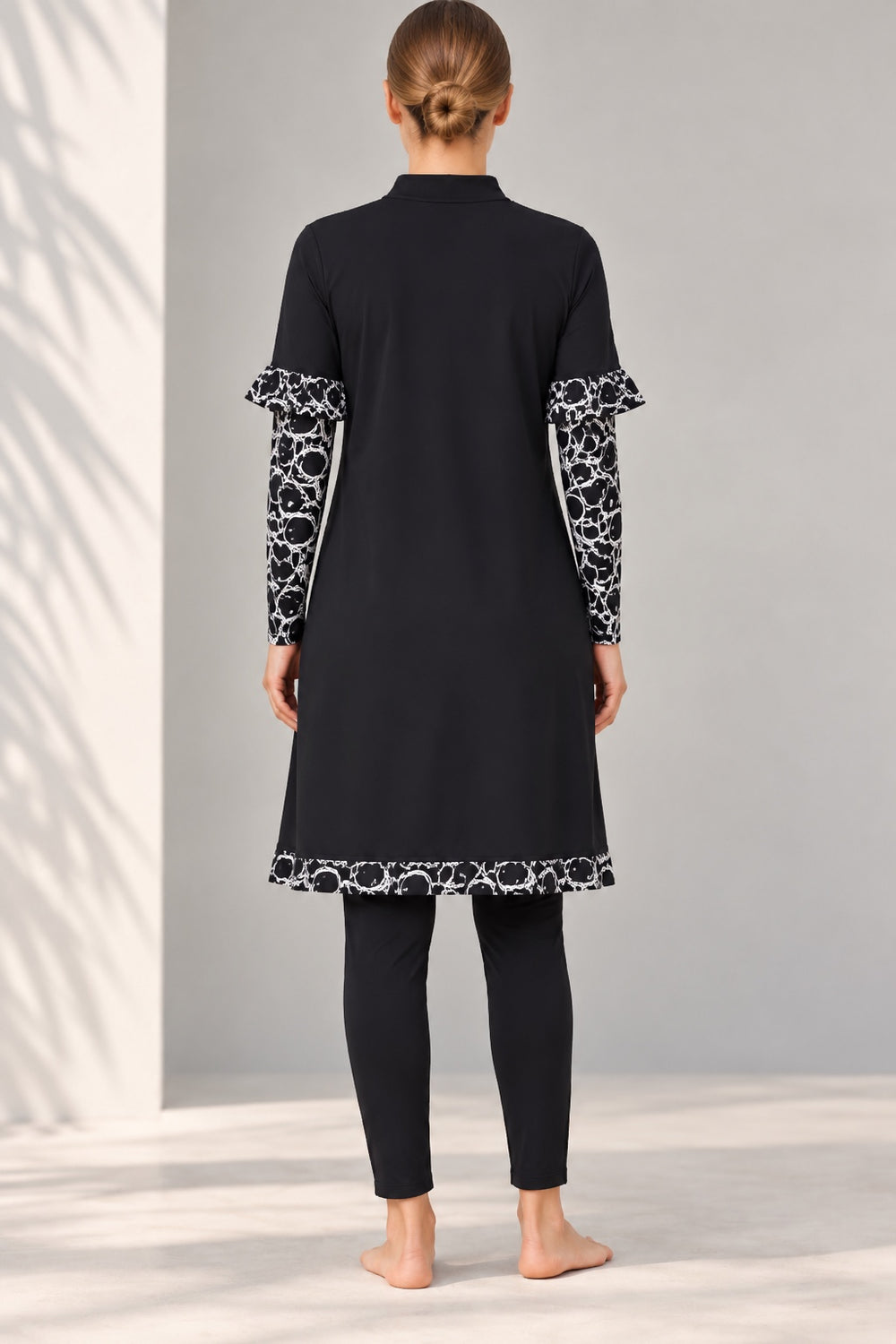 Marina | Baroque Trim Modest Swimsuit — Black (back)