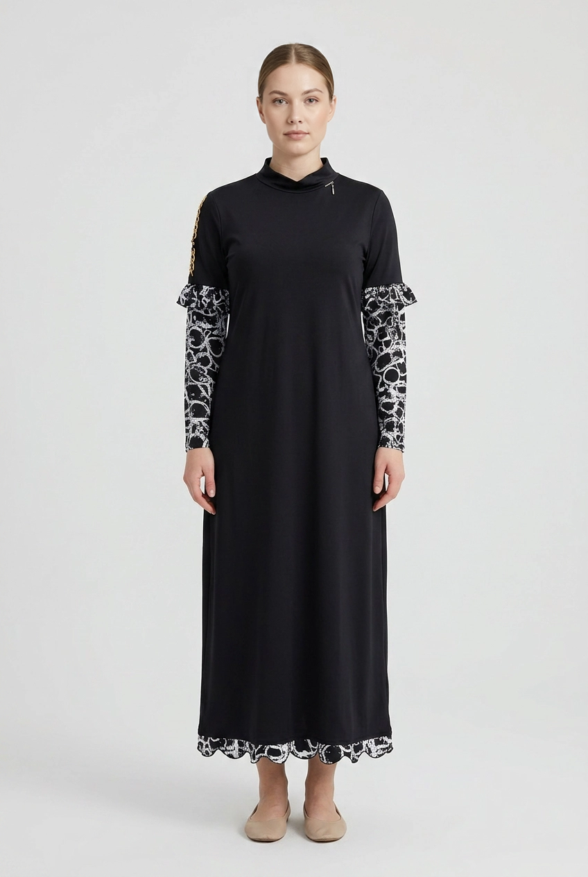 Marina | Baroque Trim Modest Swimsuit — Black (front)