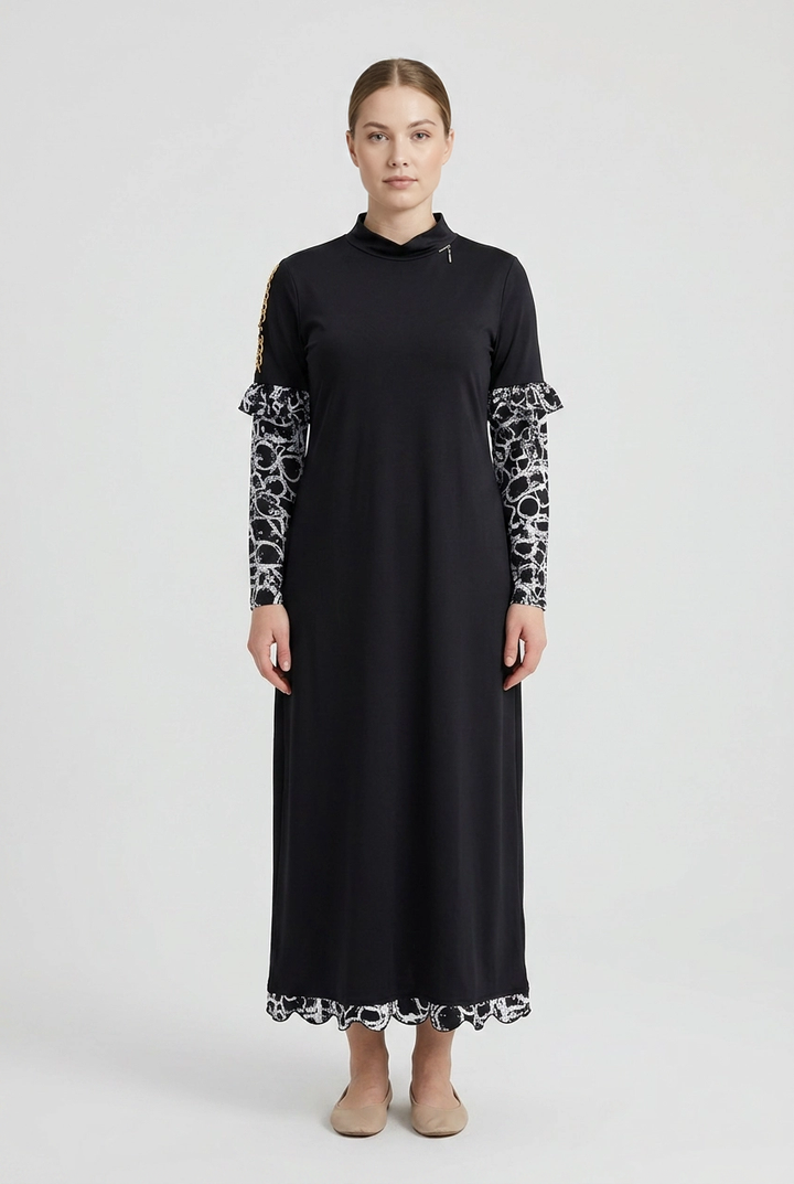 Marina | Baroque Trim Modest Swimsuit — Black (front)