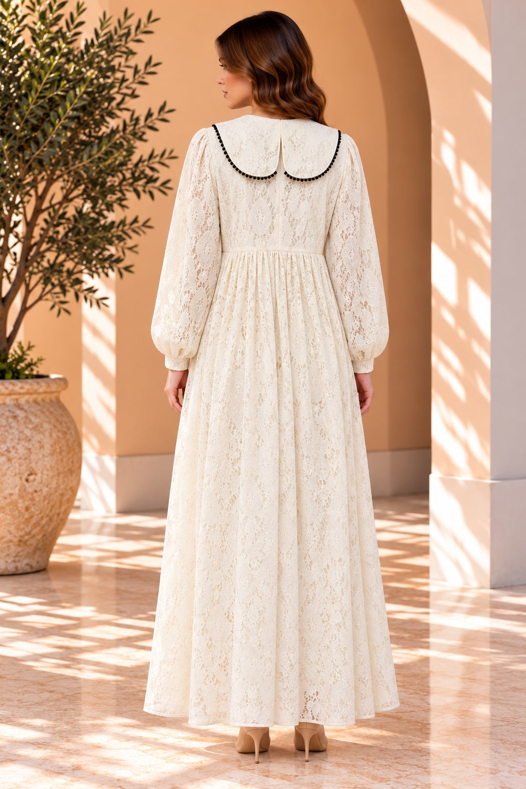 Daisy | Lace Wide Collar Dress — Beige (back)