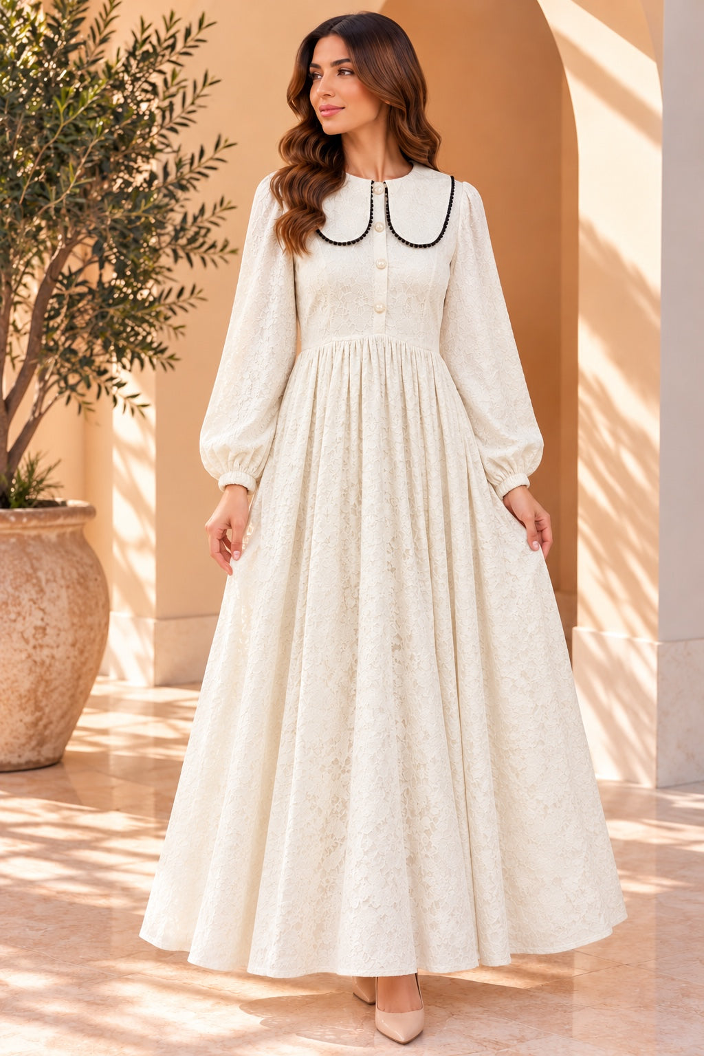 Daisy | Lace Wide Collar Dress — Beige (front)