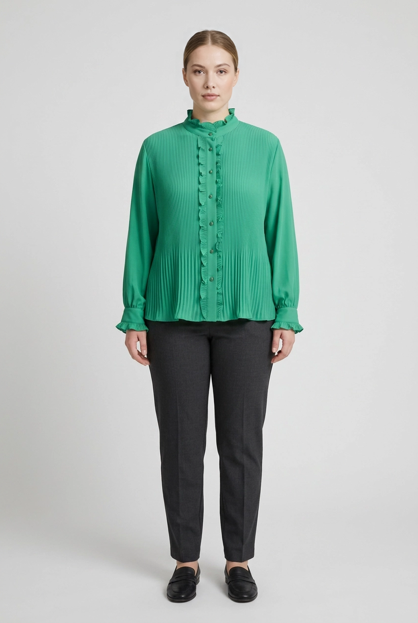 Maribel | Plisse Ruffle Blouse — Green (front)