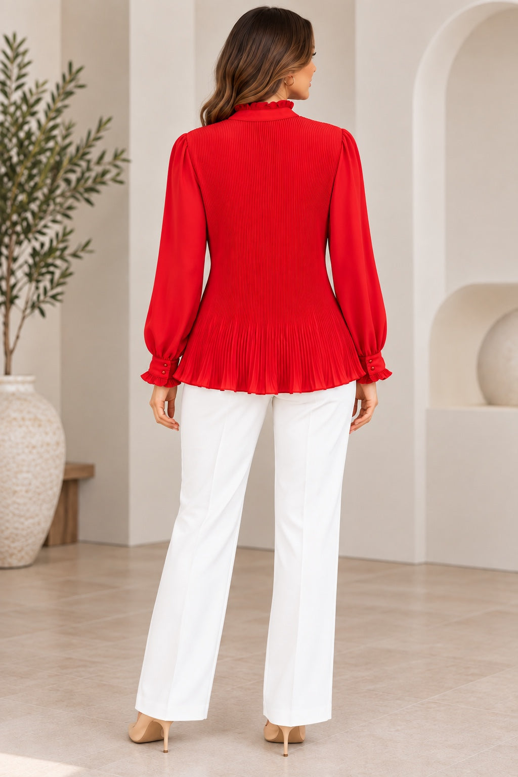 Maribel | Plisse Ruffle Blouse — Red (back)
