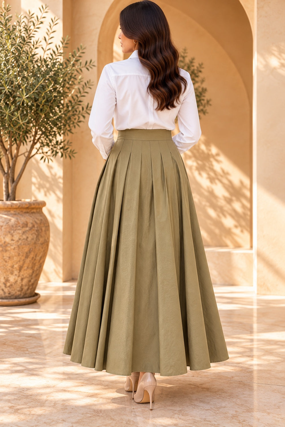 Khaki | Pintuck Pleated Maxi Skirt — Olive (back)