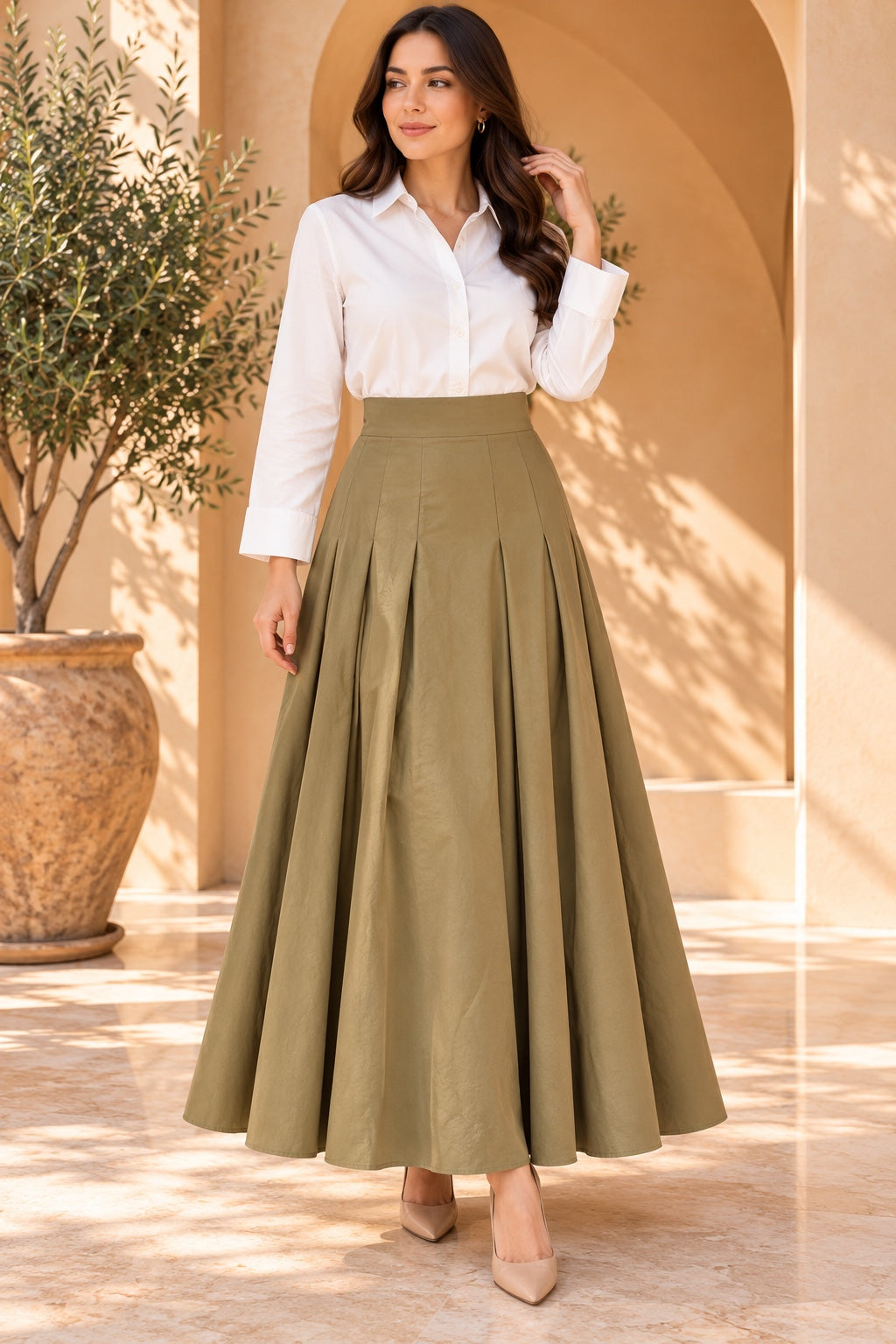 Khaki | Pintuck Pleated Maxi Skirt — Olive (front)