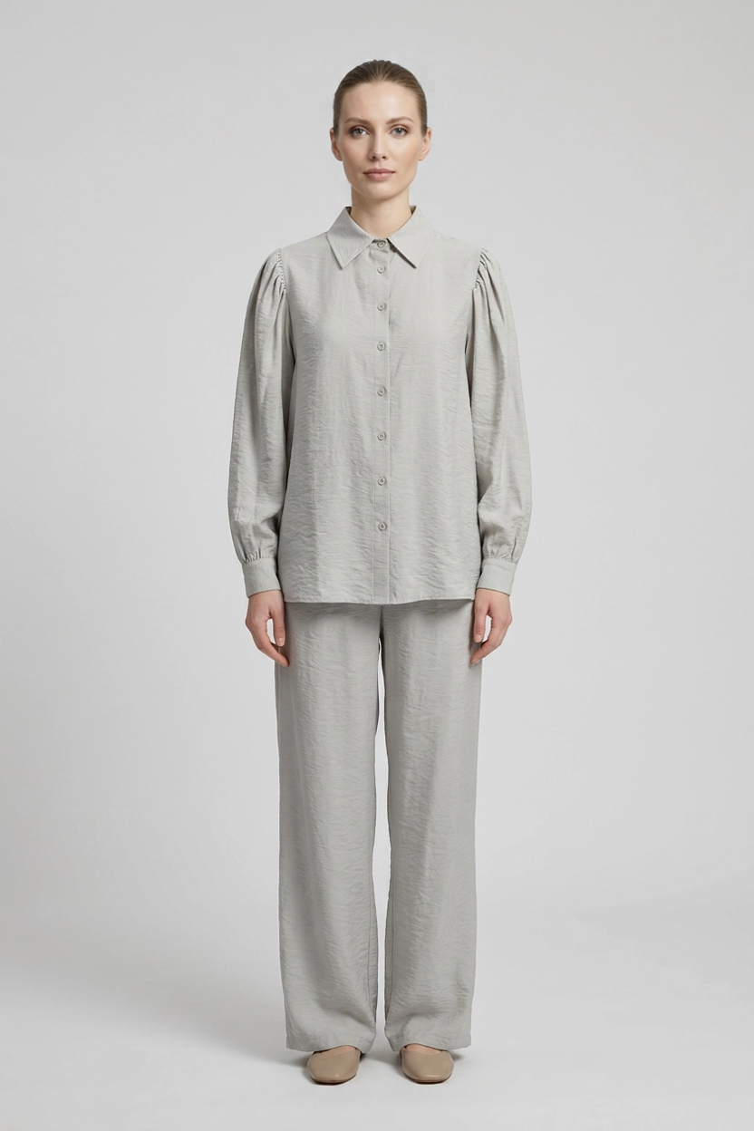 Verity | Puff-Sleeve Shirt Two-Piece Set [CLEARANCE -50%] — Grey (front)