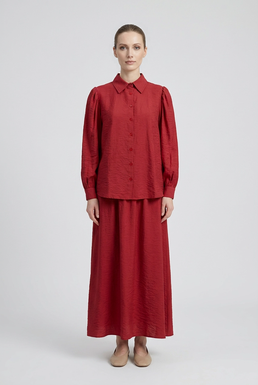 Verity | Puff-Sleeve Shirt Two-Piece Set [CLEARANCE -50%] — Red (front)