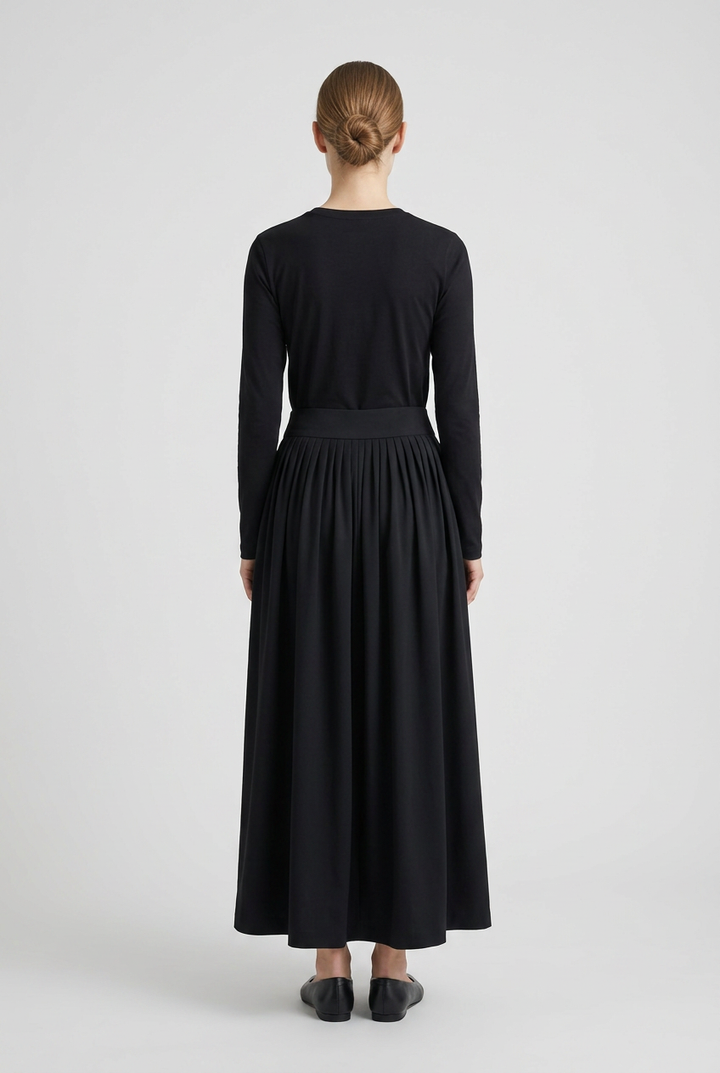 Moss | Gathered Pleated Maxi Skirt — Black (back)