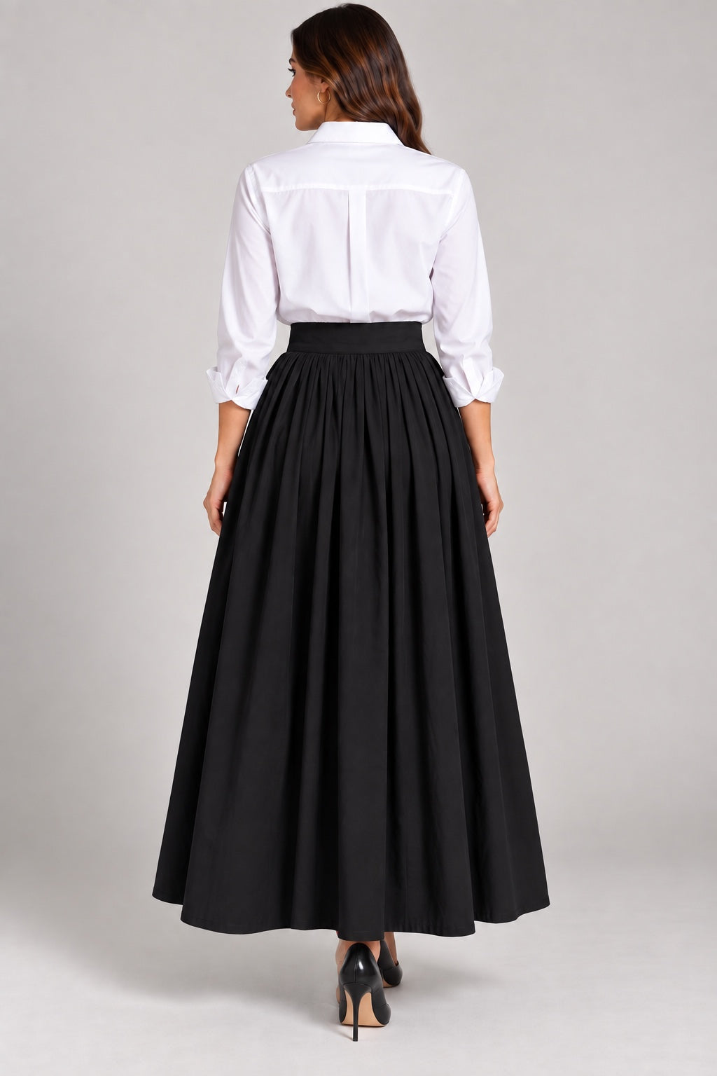 Moss | Gathered Pleated Maxi Skirt — Black (back)