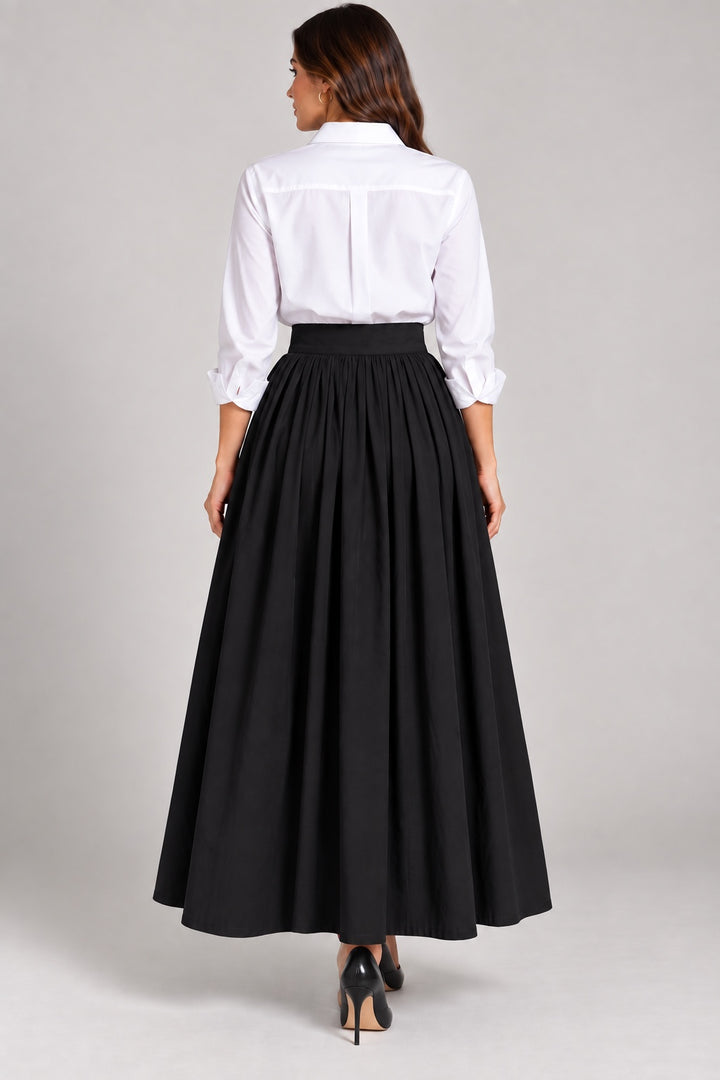 Moss | Gathered Pleated Maxi Skirt — Black (back)