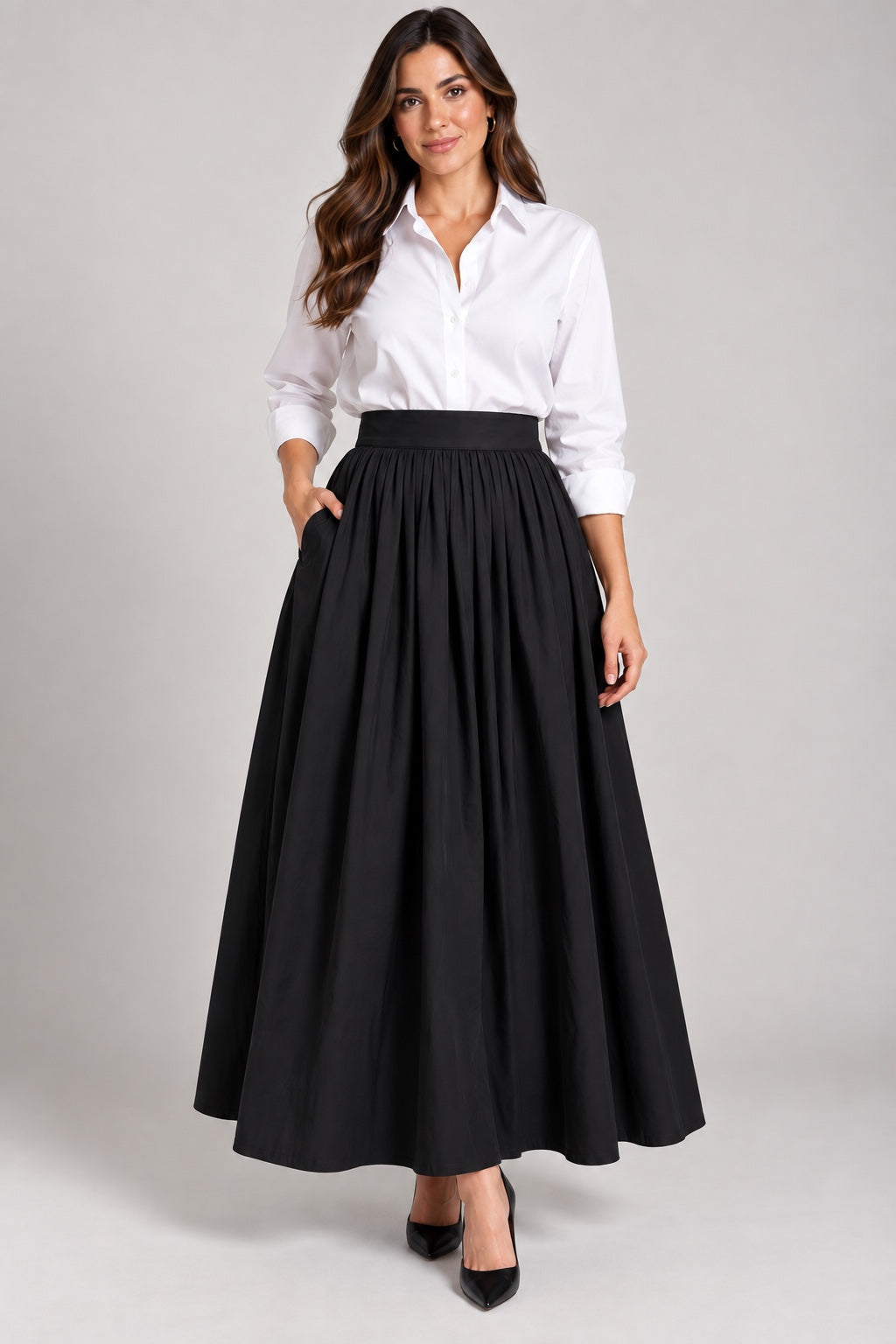Moss | Gathered Pleated Maxi Skirt — Black (front)