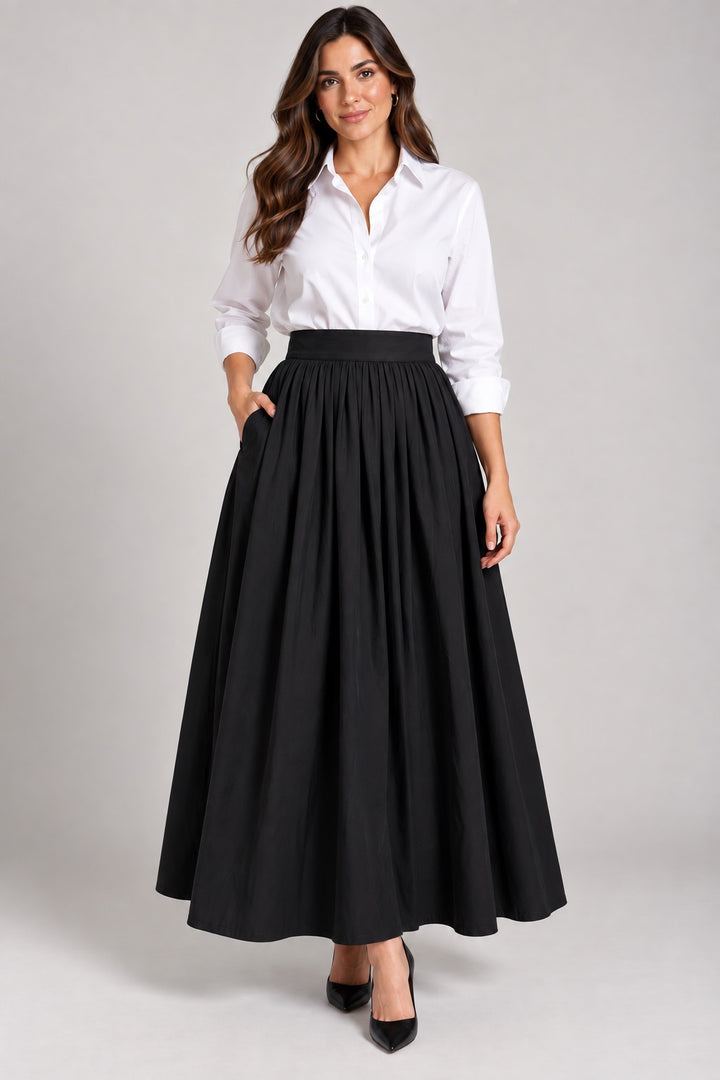 Moss | Gathered Pleated Maxi Skirt — Black (front)