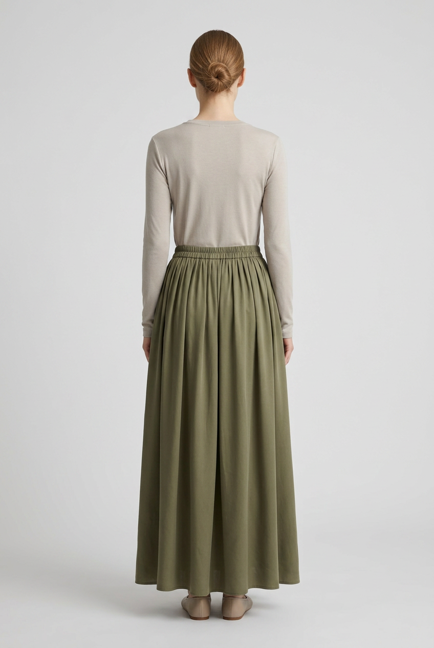 Moss | Gathered Pleated Maxi Skirt — Olive (back)