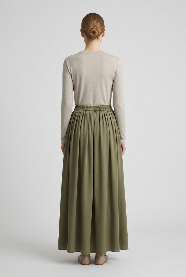 Moss | Gathered Pleated Maxi Skirt — Olive (back)