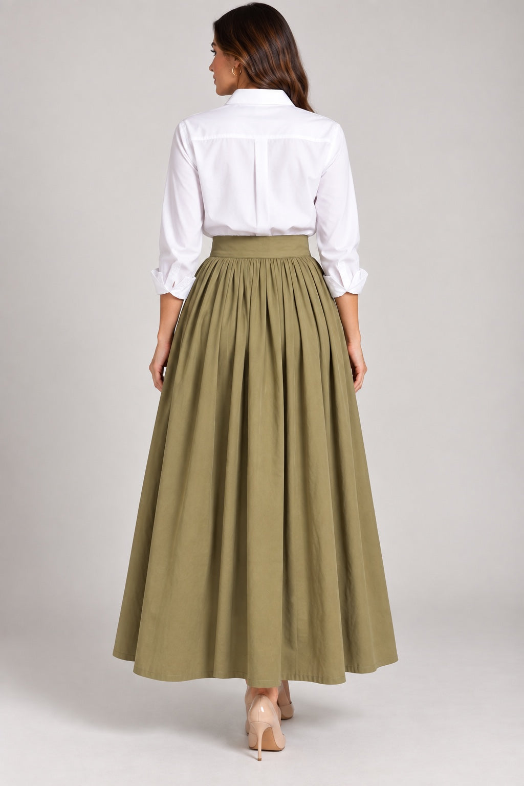 Moss | Gathered Pleated Maxi Skirt — Olive (back)