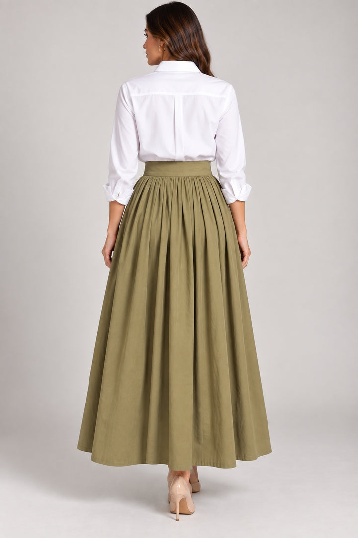 Moss | Gathered Pleated Maxi Skirt — Olive (back)