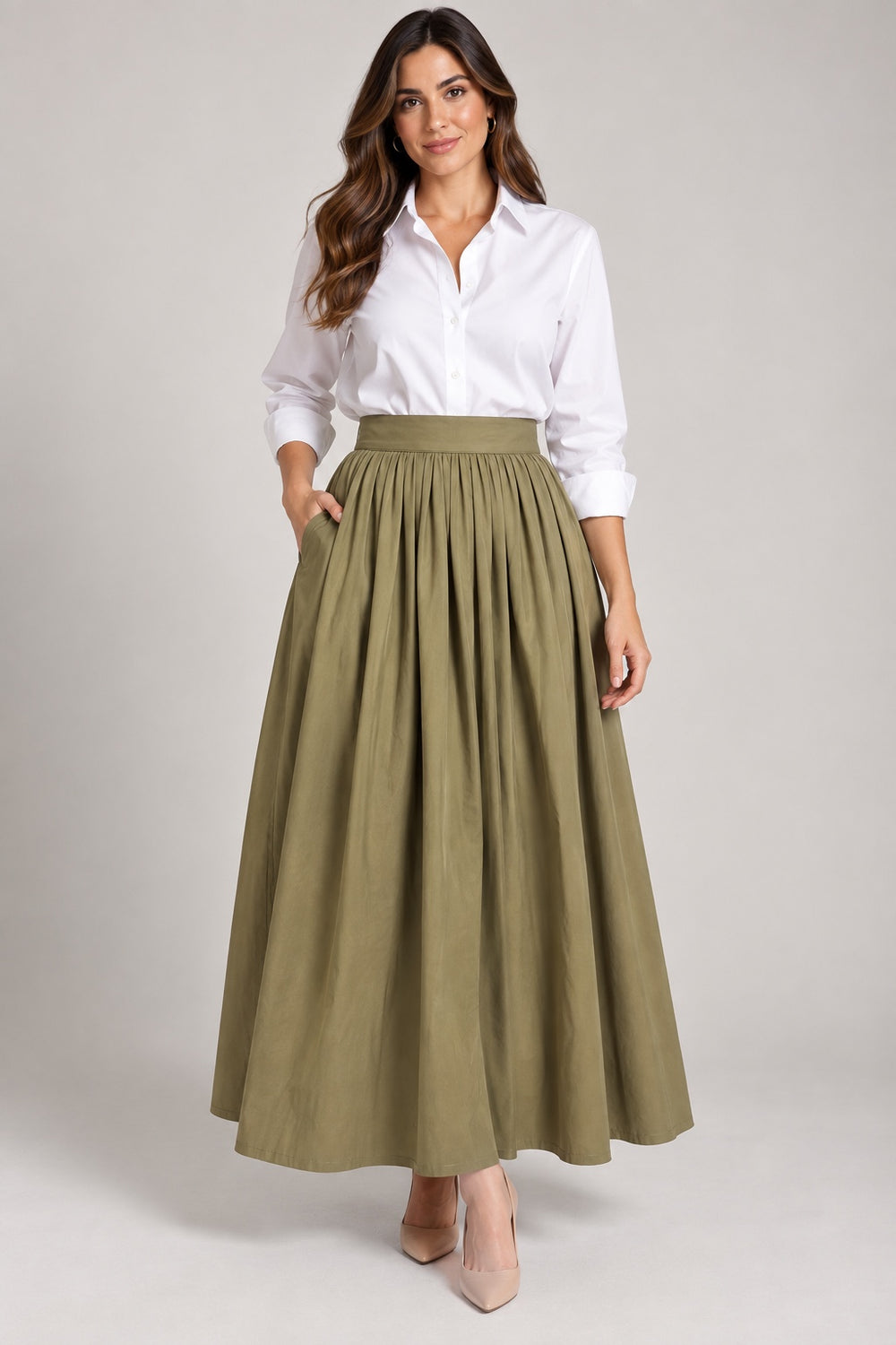 Moss | Gathered Pleated Maxi Skirt — Olive (front)