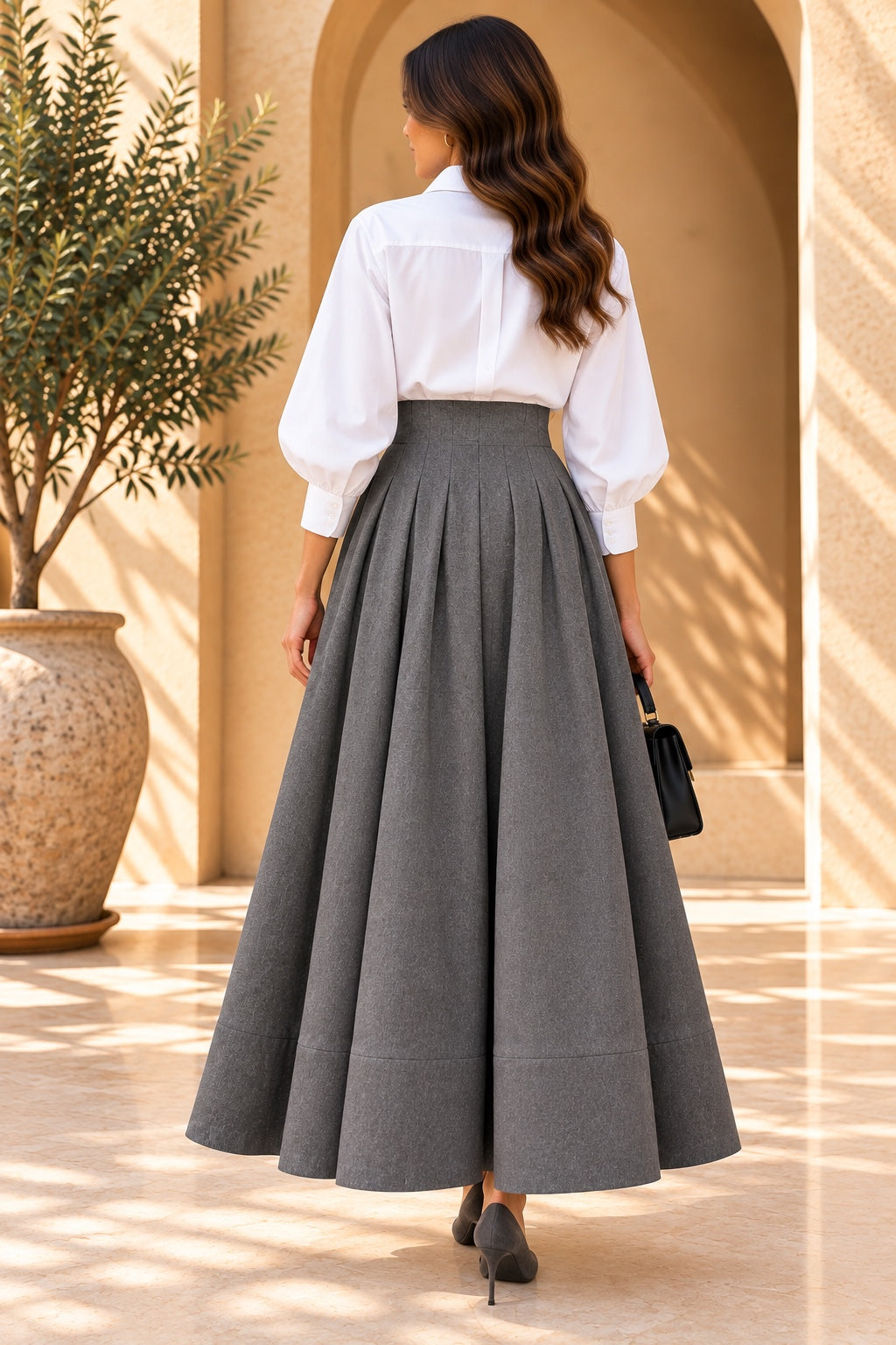 Roux | Pleated Wrap Maxi Skirt — Grey (back)