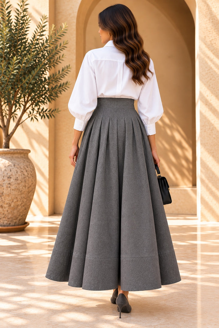 Roux | Pleated Wrap Maxi Skirt — Grey (back)