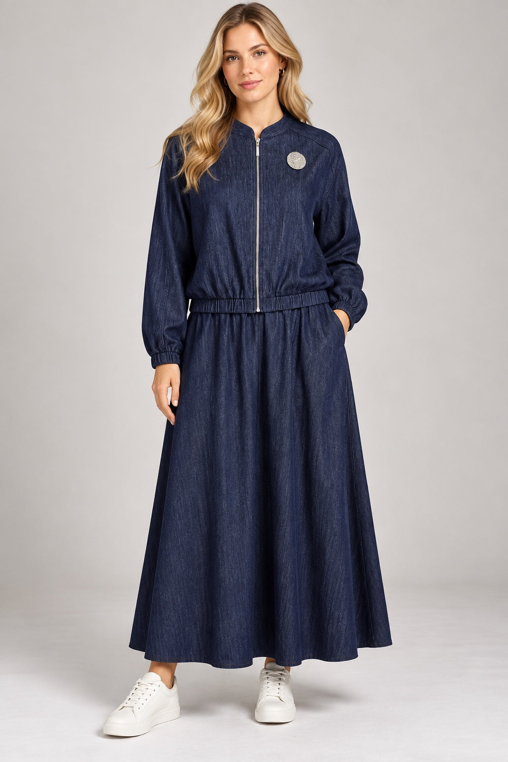 Cobalt | Crinkle Texture Bomber Two-Piece Set — Navy (front)