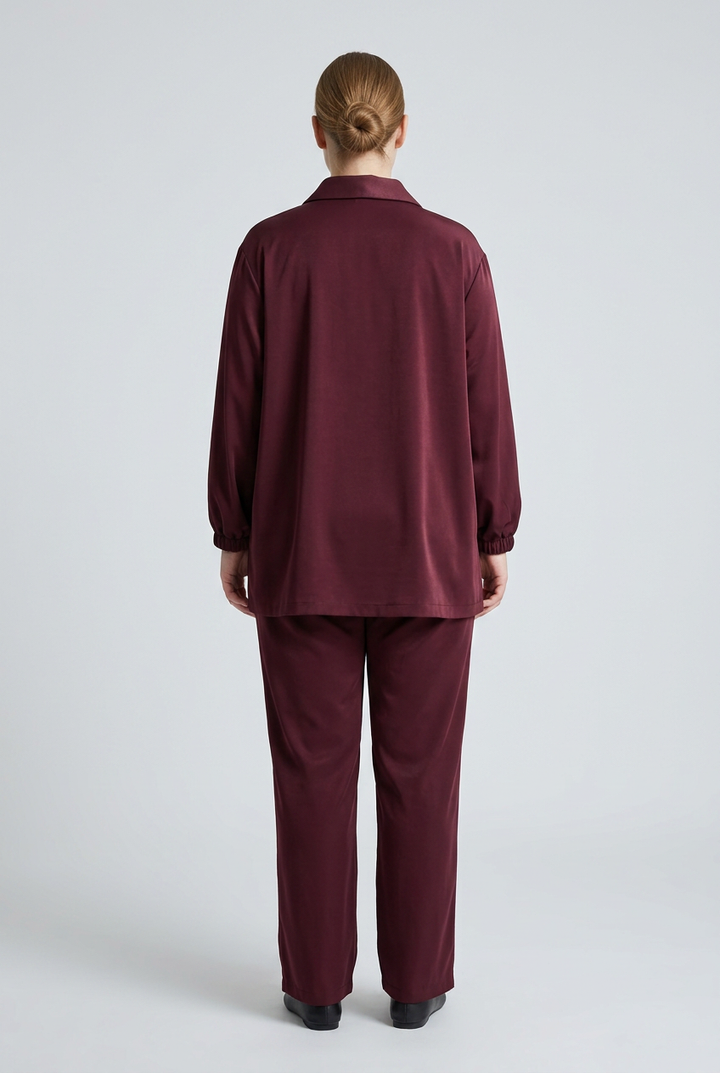 Merlot | Satin-Touch Zip-Front Two-Piece Set — Burgundy (back)