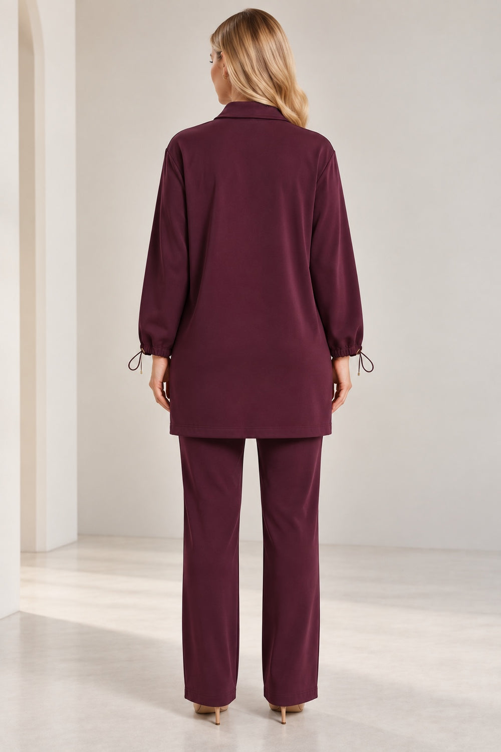 Merlot | Satin-Touch Zip-Front Two-Piece Set — Burgundy (back)