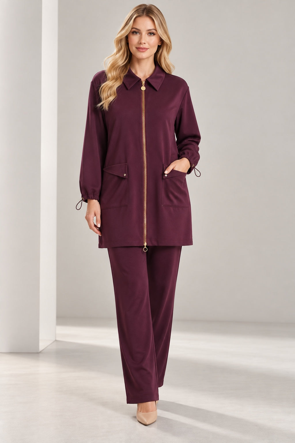 Merlot | Satin-Touch Zip-Front Two-Piece Set — Burgundy (front)