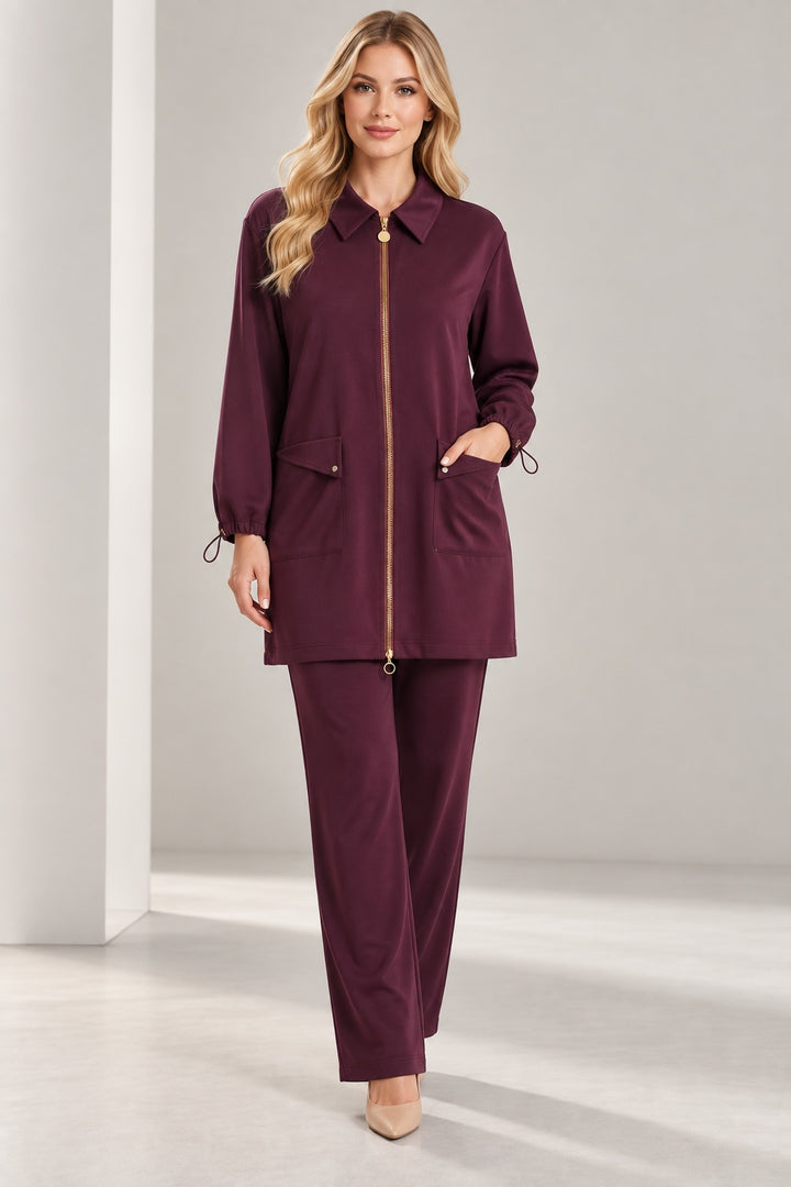 Merlot | Satin-Touch Zip-Front Two-Piece Set — Burgundy (front)