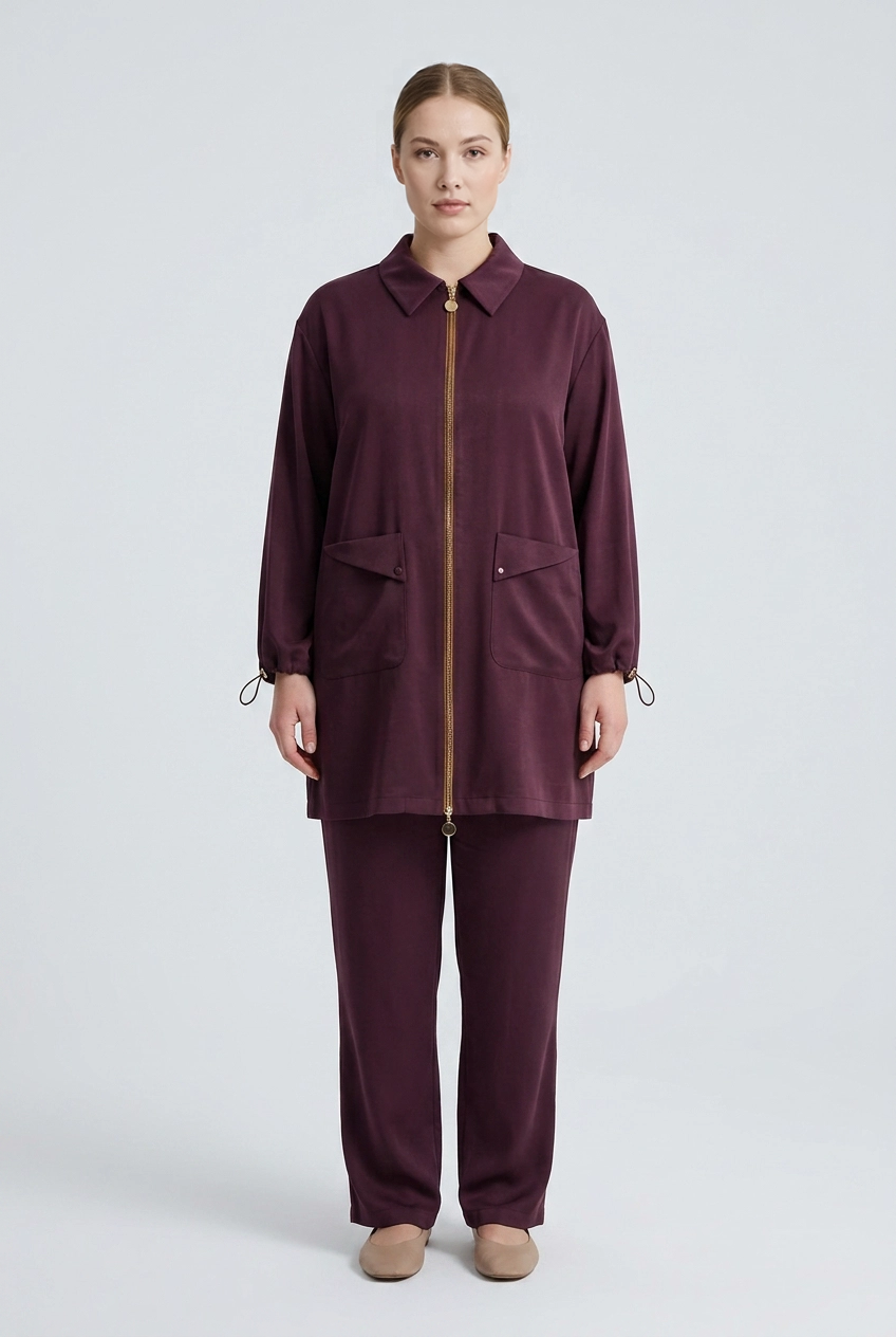 Merlot | Satin-Touch Zip-Front Two-Piece Set — Burgundy (front)